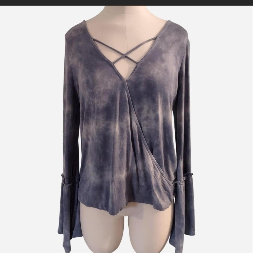 American Eagle Outfitters Blue Tie-Dye Crisscross V-Neck Long Sleeve Top